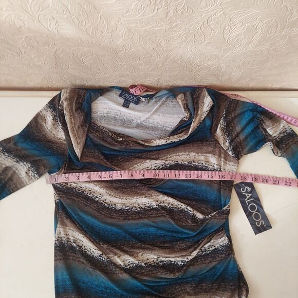 Saloos Blue Brown Drape Neck 3/4 Sleeves Stretch Polyester Blouse NEW Sz Medium - Picture 5 of 8